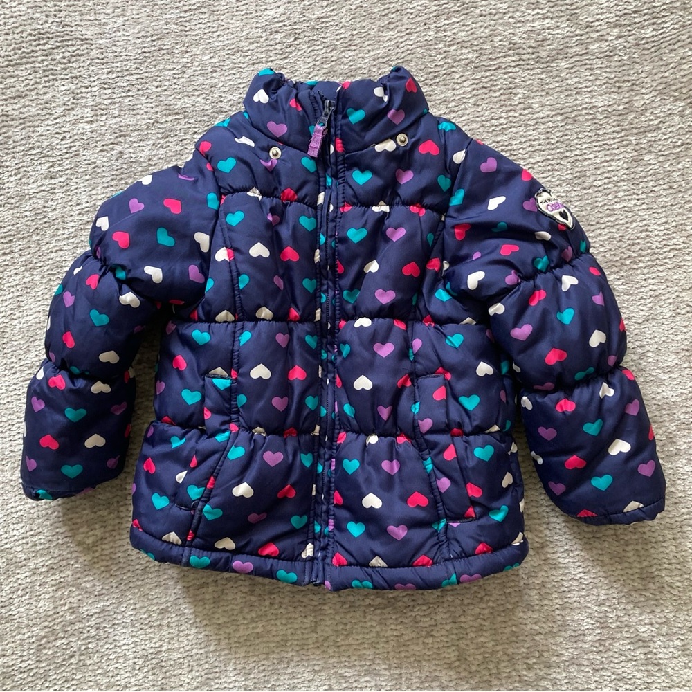 OshKosh girls puffer jacket hearts print purple fleece lining size 4
